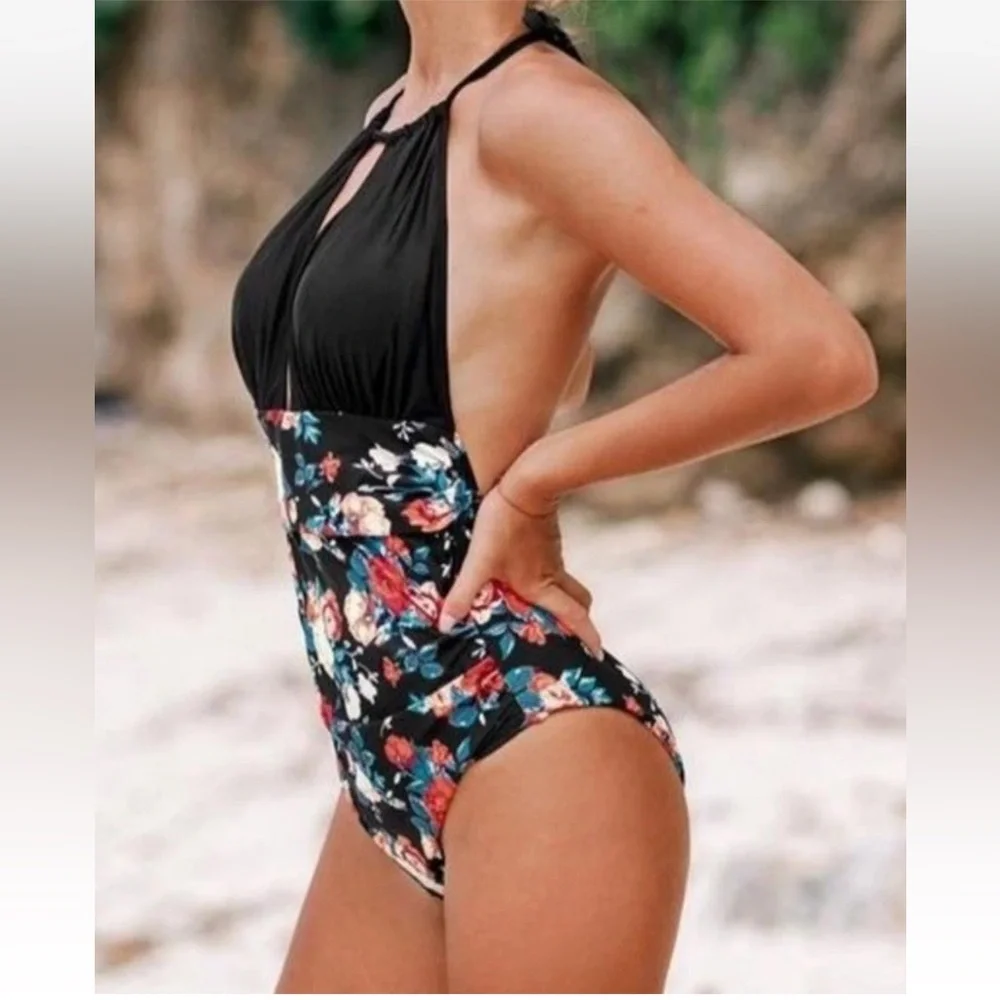 NWT Cupshe Black Floral Halter Tummy Control One Piece Swimsuit Womens‎ M (1103) - Picture 2 of 8